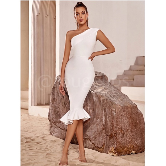 Bandage Asymmetrical Midi Dress White Ruffle Hem One Shoulder - Picture 6 of 16